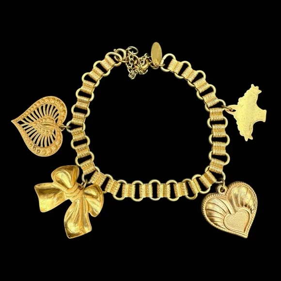 Signed MIRIAM HASKELL Book Chain Charm Bracelet Gilt Gold Tone Heart Flower Bow - Picture 6 of 6